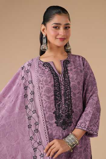 LAHARIO_Purple Linen Embroidery, Printed V-neck, Yes Kurta Set _at_Aza_Fashions