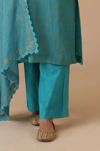 LAHARIO_Blue Linen Embroidery Round Neck Sadabahar Printed Kurta Set _Online_at_Aza_Fashions