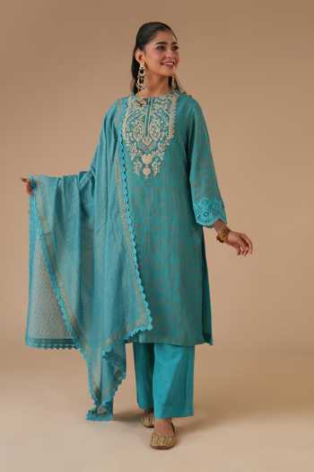 Buy_LAHARIO_Blue Linen Embroidery Round Neck Sadabahar Printed Kurta Set _at_Aza_Fashions