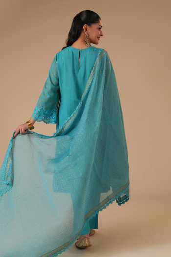 Shop_LAHARIO_Blue Linen Embroidery Round Neck Sadabahar Printed Kurta Set _at_Aza_Fashions