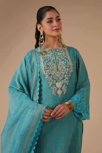 Shop_LAHARIO_Blue Linen Embroidery Round Neck Sadabahar Printed Kurta Set _Online_at_Aza_Fashions