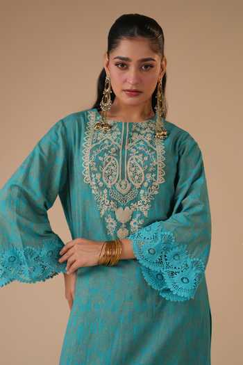 LAHARIO_Blue Linen Embroidery Round Neck Sadabahar Printed Kurta Set _at_Aza_Fashions