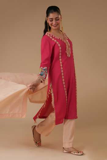 LAHARIO_Pink Cotton Embroidery, Tassels, Lace Chandni Placemen Kurta Set _at_Aza_Fashions