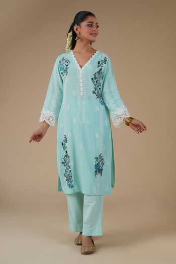 LAHARIO_Blue Linen Embroidery V-neck Kumud Printed Kurta Set _Online_at_Aza_Fashions