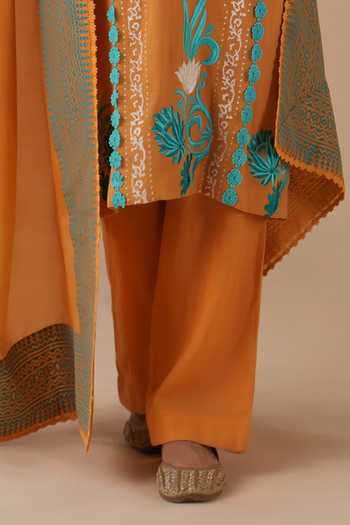 LAHARIO_Orange Cotton Lace, Pom-poms V-neck Surajmukhi Work Kurta Set _Online_at_Aza_Fashions