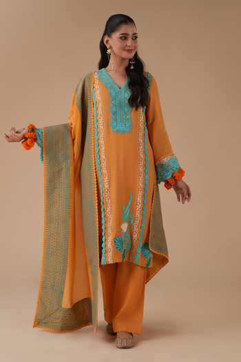 Shop_LAHARIO_Orange Cotton Lace, Pom-poms V-neck Surajmukhi Work Kurta Set _at_Aza_Fashions