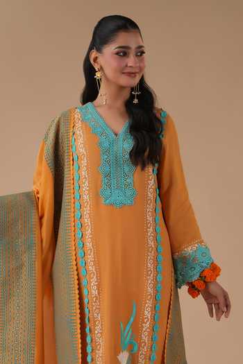 Buy_LAHARIO_Orange Cotton Lace, Pom-poms V-neck Surajmukhi Work Kurta Set _Online_at_Aza_Fashions