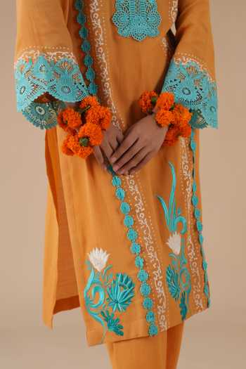 LAHARIO_Orange Cotton Lace, Pom-poms V-neck Surajmukhi Work Kurta Set _at_Aza_Fashions