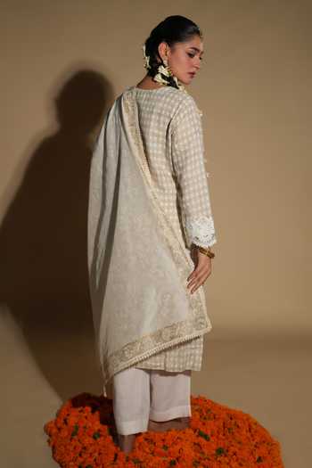 Shop_LAHARIO_Ivory Linen Embroidery, Lace No Genda Printed Kurta Set _at_Aza_Fashions