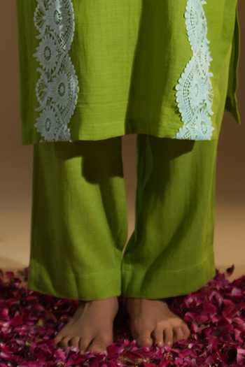 LAHARIO_Green Cotton Embroidery Round Neck Tulip Kurta Set _Online_at_Aza_Fashions
