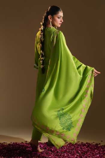 Shop_LAHARIO_Green Cotton Embroidery Round Neck Tulip Kurta Set _at_Aza_Fashions