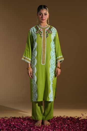 Buy_LAHARIO_Green Cotton Embroidery Round Neck Tulip Kurta Set _Online_at_Aza_Fashions