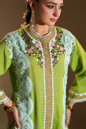 Shop_LAHARIO_Green Cotton Embroidery Round Neck Tulip Kurta Set _Online_at_Aza_Fashions
