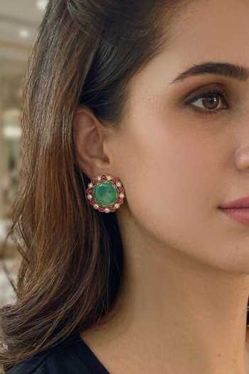 Buy_Prestones_Green Stones, Crystals Embellished Stud Earrings _at_Aza_Fashions