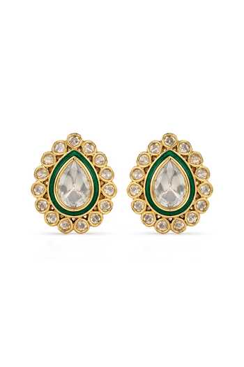 Shop_Prestones_Green Stones, Crystals Polki Stud Earrings _at_Aza_Fashions