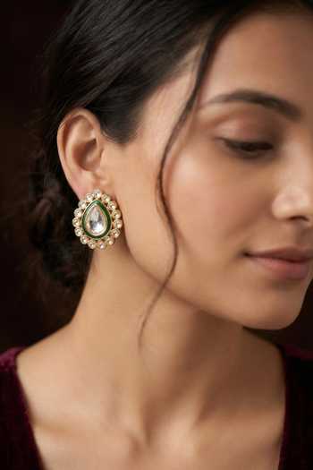 Buy_Prestones_Green Stones, Crystals Polki Stud Earrings _at_Aza_Fashions