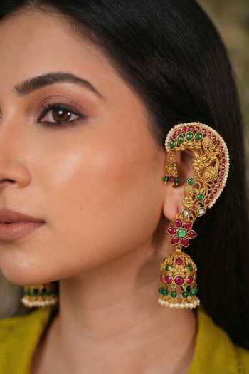 Buy_Prestones_Multi Color Beads, Pearls, Stones Temple Inspired Embellished Earrings _at_Aza_Fashions
