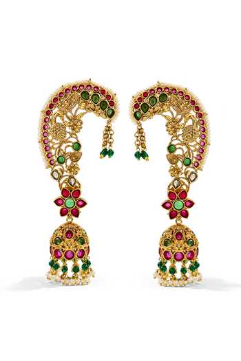 Shop_Prestones_Multi Color Beads, Pearls, Stones Temple Inspired Embellished Earrings _at_Aza_Fashions