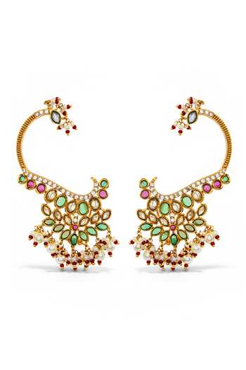 Shop_Prestones_Multi Color Beads, Pearls, Stones Crescent Embellished Earcuffs _at_Aza_Fashions