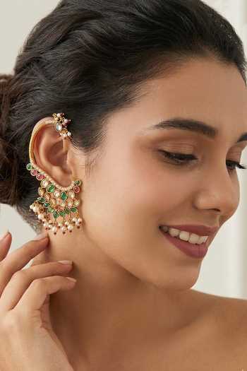 Buy_Prestones_Multi Color Beads, Pearls, Stones Crescent Embellished Earcuffs _at_Aza_Fashions