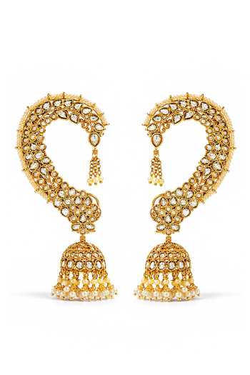 Shop_Prestones_White Pearls, Stones Polki Jhumka Earrings _at_Aza_Fashions