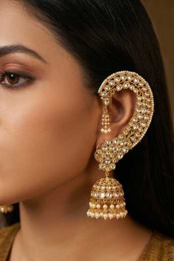 Buy_Prestones_White Pearls, Stones Polki Jhumka Earrings _at_Aza_Fashions