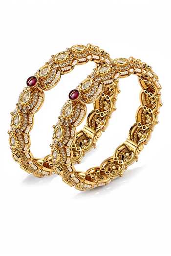 Shop_Prestones_Red Pearls, Stones, Crystals Polki Embellished Bangles - Set Of 2 _at_Aza_Fashions