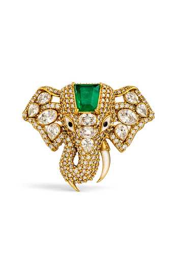 Shop_Prestones_Green Crystals, Gemstones Embellished Elephant Brooch _at_Aza_Fashions