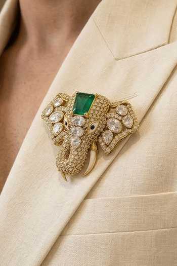Buy_Prestones_Green Crystals, Gemstones Embellished Elephant Brooch _at_Aza_Fashions