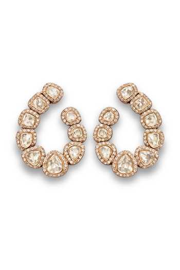 Shop_Prestones_White Stones, Crystals Polki Hoop Earrings _at_Aza_Fashions