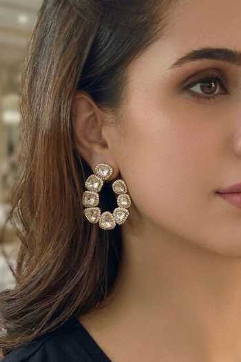 Buy_Prestones_White Stones, Crystals Polki Hoop Earrings _at_Aza_Fashions