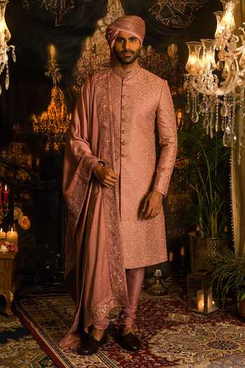 Buy_Punit Arora_Pink Silk Embroidery, Zari, Sequins Sherwani Set _at_Aza_Fashions