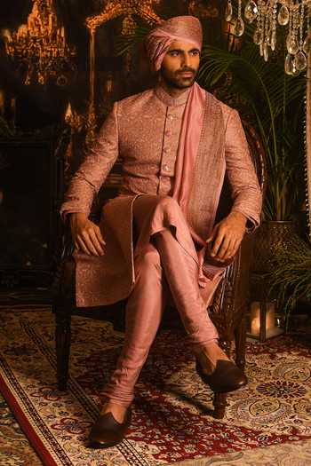 Punit Arora_Pink Silk Embroidery, Zari, Sequins Sherwani Set _Online