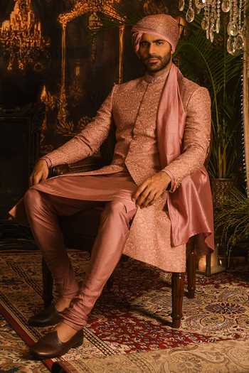 Shop_Punit Arora_Pink Silk Embroidery, Zari, Sequins Sherwani Set _at_Aza_Fashions