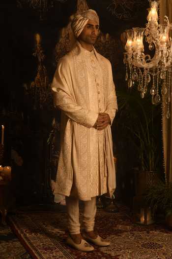 Punit Arora_Cream Silk Embroidery, Sequins, Zari Sherwani And Kurta Set _Online_at_Aza_Fashions