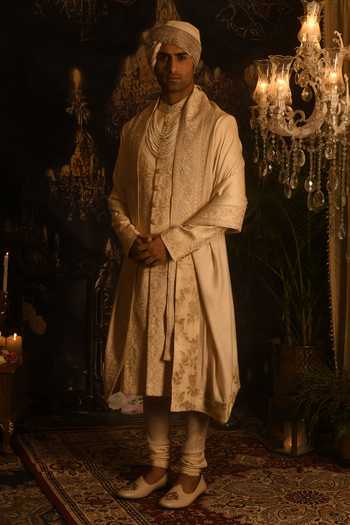 Buy_Punit Arora_Cream Silk Embroidery, Sequins, Zari Sherwani And Kurta Set _Online_at_Aza_Fashions