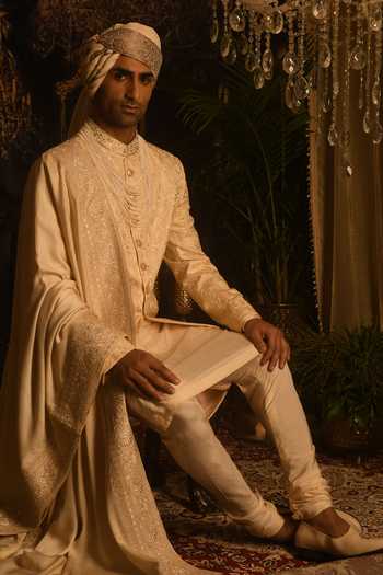 Shop_Punit Arora_Cream Silk Embroidery, Sequins, Zari Sherwani And Kurta Set _Online_at_Aza_Fashions