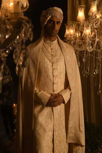 Punit Arora_Cream Silk Embroidery, Sequins, Zari Sherwani And Kurta Set _at_Aza_Fashions