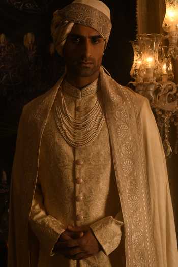 Buy_Punit Arora_Cream Silk Embroidery, Sequins, Zari Sherwani And Kurta Set 