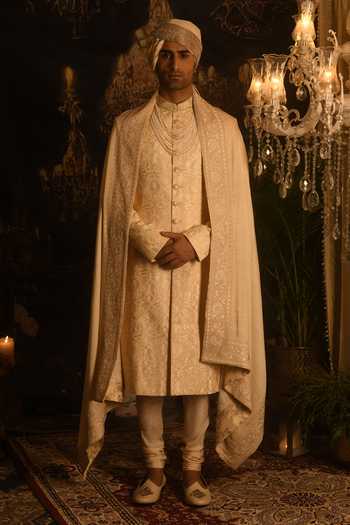 Shop_Punit Arora_Cream Silk Embroidery, Sequins, Zari Sherwani And Kurta Set _at_Aza_Fashions