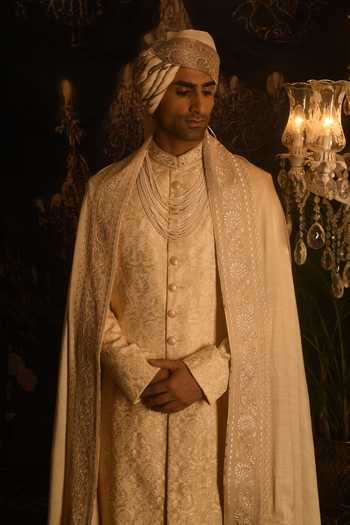 Shop_Punit Arora_Cream Silk Embroidery, Sequins, Zari Sherwani And Kurta Set 