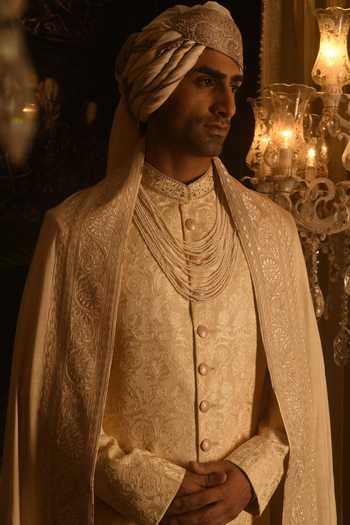 Punit Arora_Cream Silk Embroidery, Sequins, Zari Sherwani And Kurta Set _Online