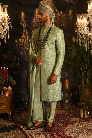 Shop_Punit Arora_Green Silk Embroidery, Zari Floral Resham Sherwani Set _at_Aza_Fashions