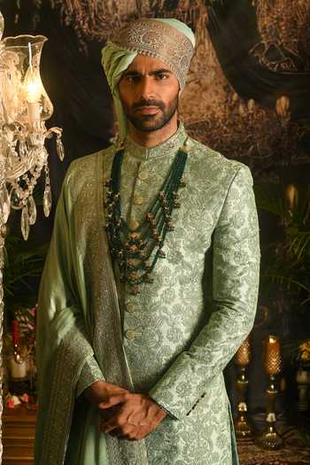 Punit Arora_Green Silk Embroidery, Zari Floral Resham Sherwani Set _Online_at_Aza_Fashions