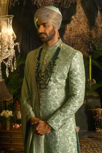 Buy_Punit Arora_Green Silk Embroidery, Zari Floral Resham Sherwani Set _Online_at_Aza_Fashions
