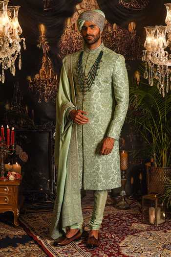 Buy_Punit Arora_Green Silk Embroidery, Zari Floral Resham Sherwani Set _at_Aza_Fashions