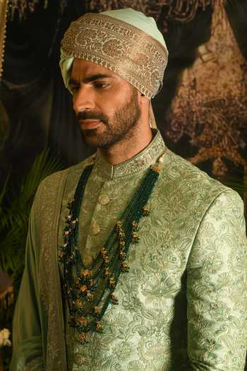 Shop_Punit Arora_Green Silk Embroidery, Zari Floral Resham Sherwani Set _Online_at_Aza_Fashions