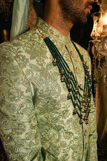 Punit Arora_Green Silk Embroidery, Zari Floral Resham Sherwani Set _at_Aza_Fashions