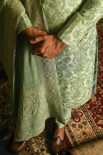 Buy_Punit Arora_Green Silk Embroidery, Zari Floral Resham Sherwani Set 