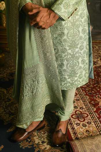 Shop_Punit Arora_Green Silk Embroidery, Zari Floral Resham Sherwani Set 